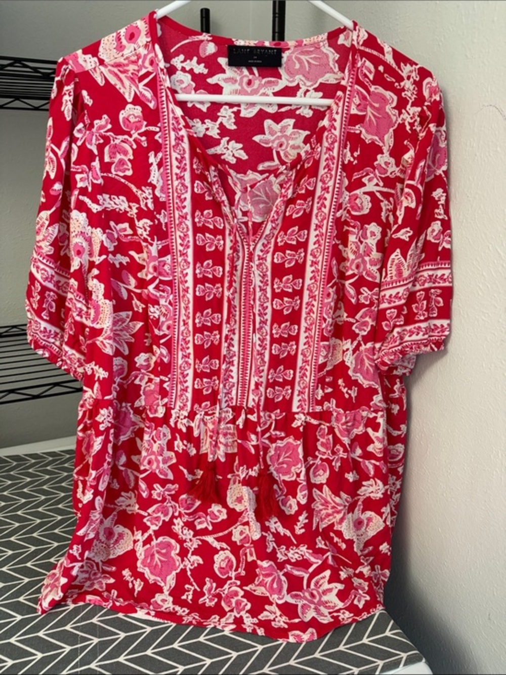 Lane Bryant, 14, Red and White Floral Tie-Front Peasant Blouse